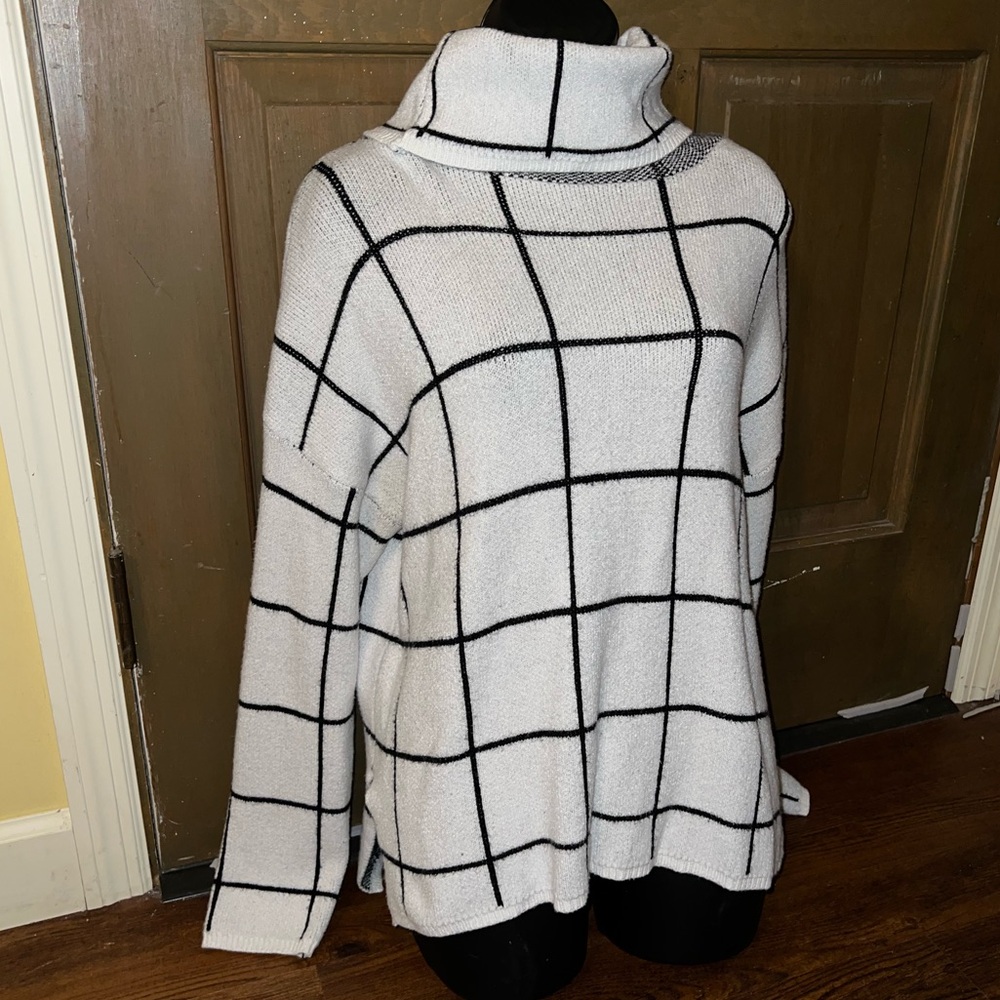 Ecowish White & Black Striped Turtleneck Long Sleeve Relaxed Fit Sweater Size L - Picture 3 of 9